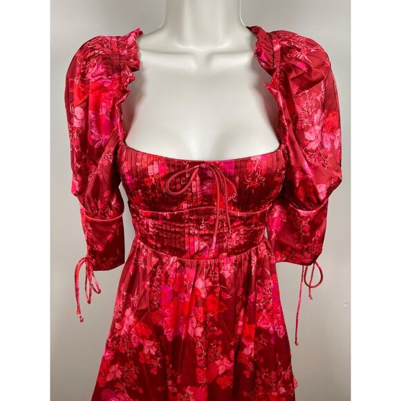 For Love & Lemons Alia Floral Puff Sleeve Tie Back Red Mini Dress Size XS - Picture 5 of 9